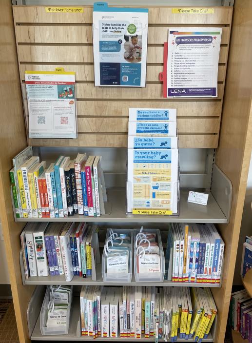 Shelves with parenting books and materials with slat board wall above also holding flyers with information for parents on community resources. 