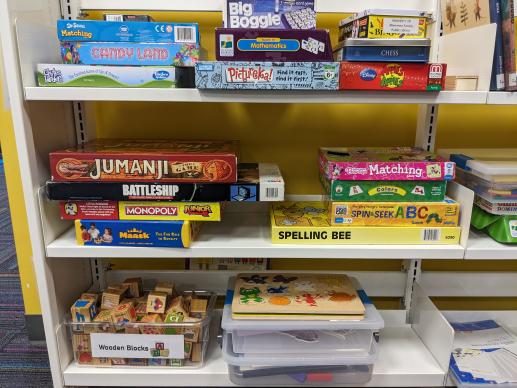 blocks, puzzles, and games available at the library